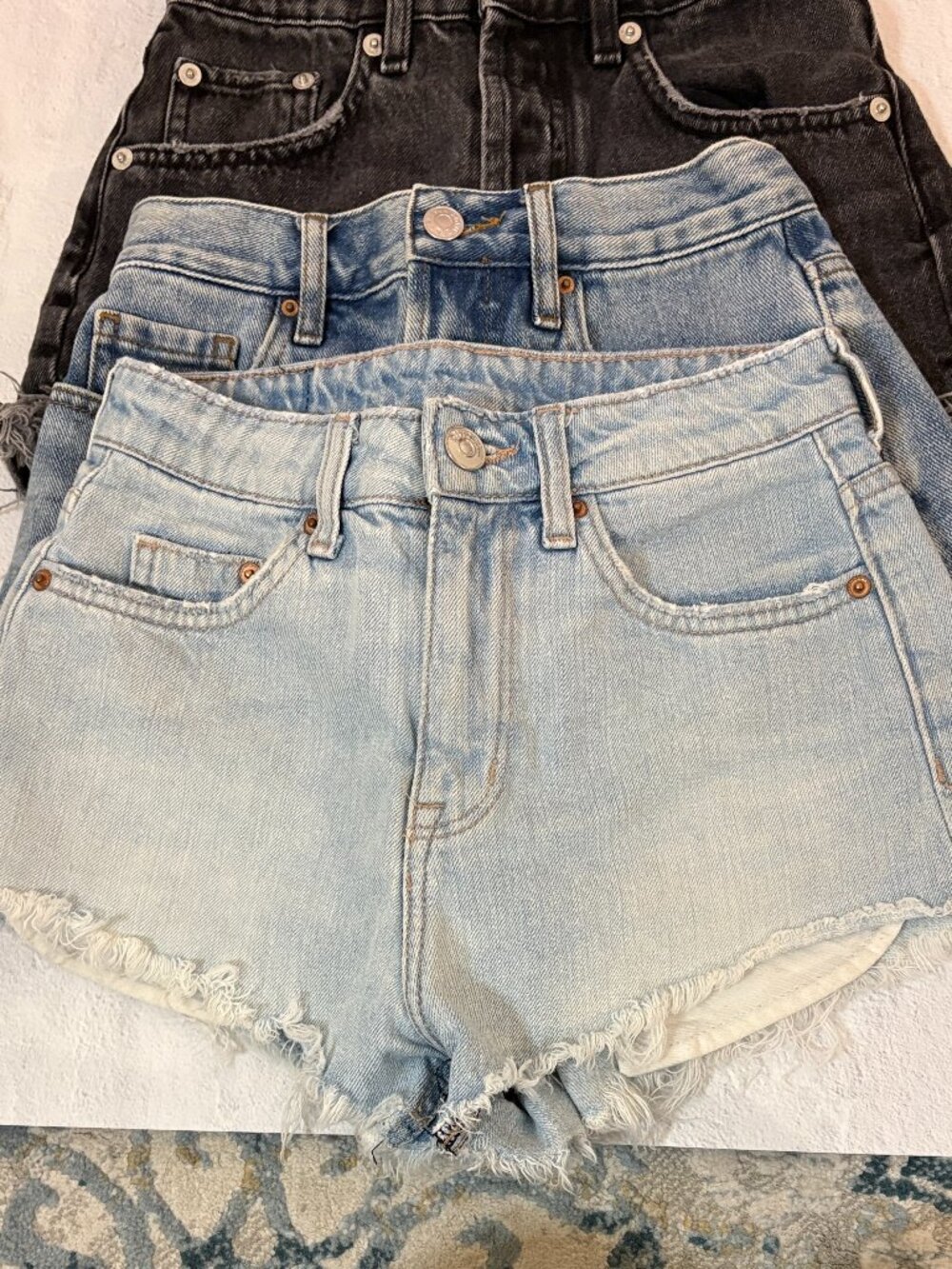 3 Pair High-Rise Distressed Denim Shorts - Light Blue, Medium Blue, Black | 4
